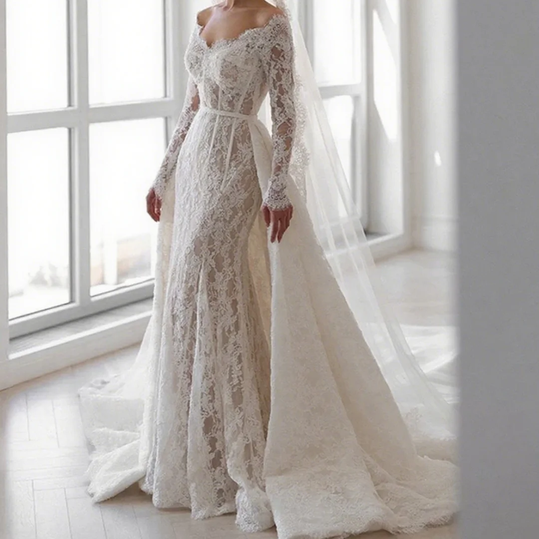 فستان زفاف أنيق مكشوف الكتفين بأكمام طويلة من الدانتيل فساتين زفاف حورية البحر فستان حفلات الزفاف الرسمي حسب الطلب