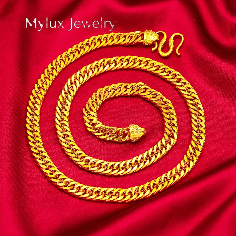 Mylux Jewelry 8mm Men's 24K Gold (AU999) Flat Necklace | Openwork mechanical chain, micro-diamond glow with magnetic closure