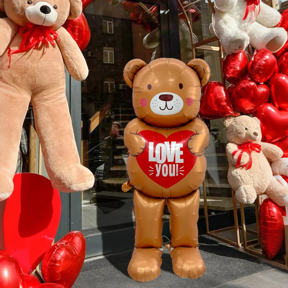 1pc 'I Love You' Standing Heart-Shaped Brown Bear Balloon. Suitable for Valentine's Day, Birthdays, Party Decorations