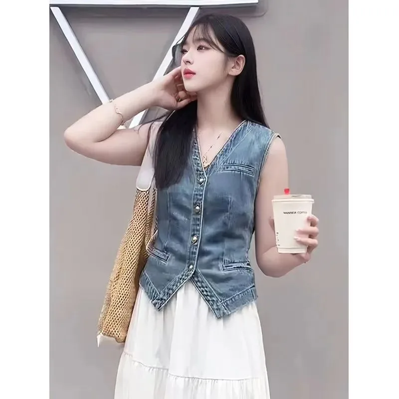 

Жилет повседневный летний универсальный жилет без рукавов в стиле ретро, новый джинсовый короткий стиль для женщин