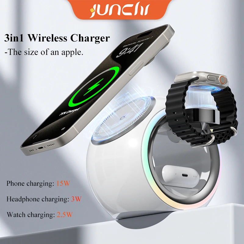 3in1 Magnetic Wireless Chargers for iPhone 16 Apple Watch Capsule Phone Charger Station Airpods Pro Charging Stand with Light 