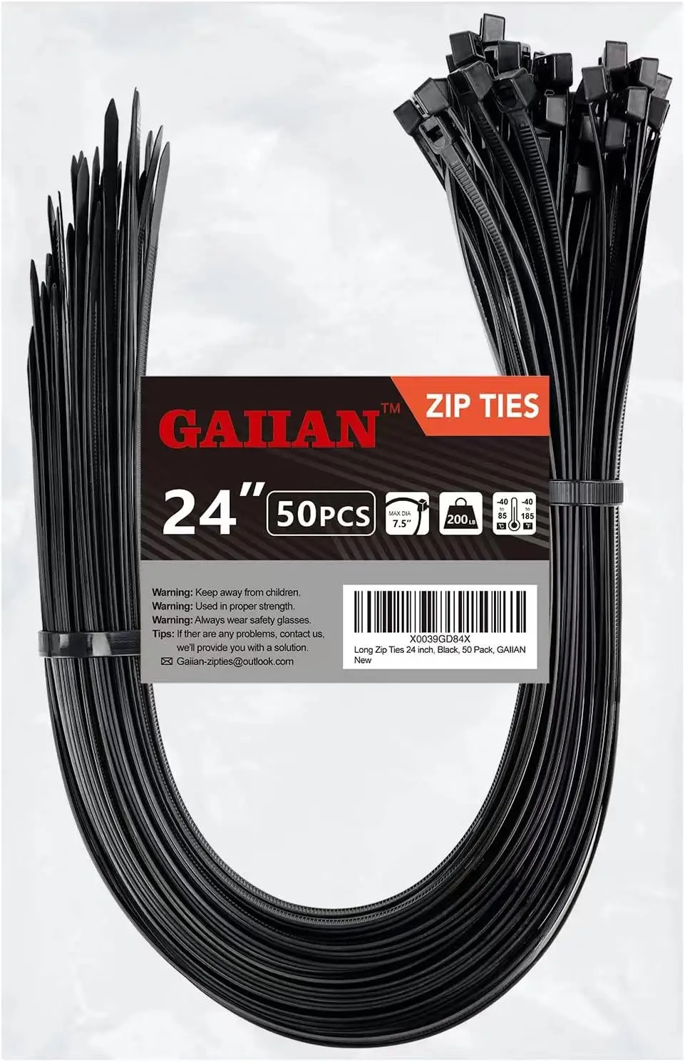 

24-Inch Heavy Duty Zip Ties, 200 lbs Tensile Strength, Black, 50 Pack