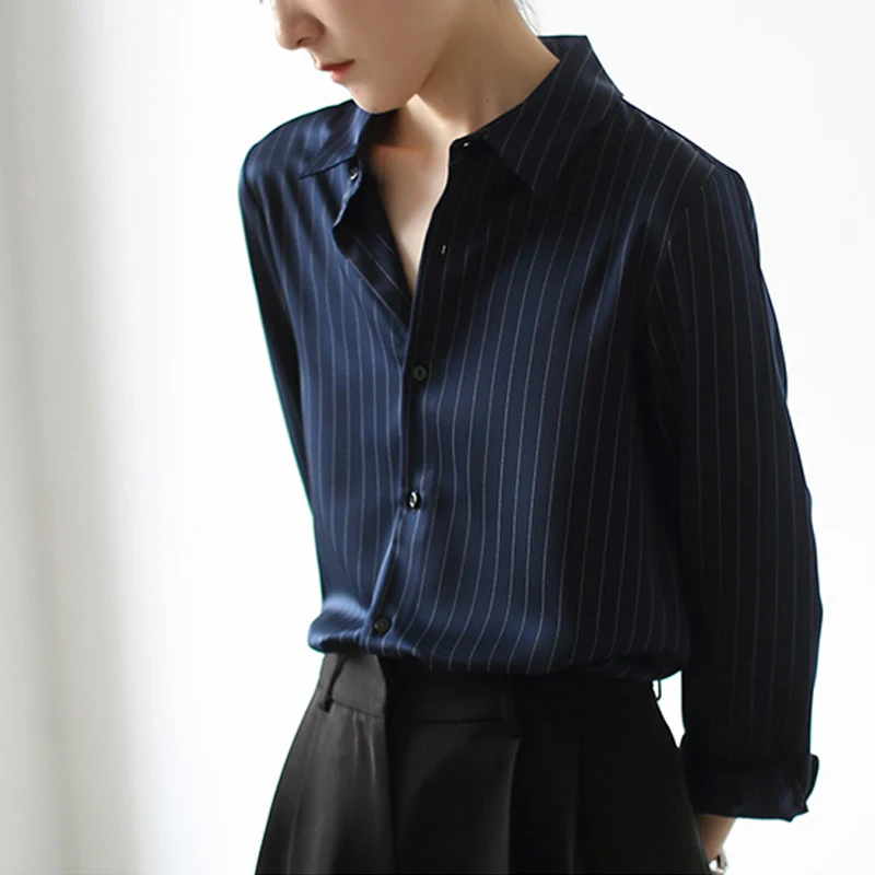 Y2K Cotton Women Striped Shirts Korean Office Black Female Casual Blouse Autumn New All Match Chic Long Sleeve Ladies Tops