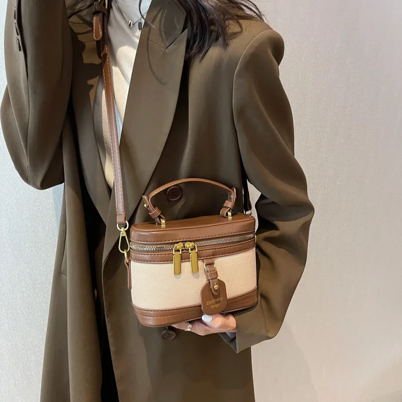 Vintage Women\'s Mini Bucket Bag Contrast PU Leather Zipper Shoulder Crossbody Bags 2023 Autumn Versatile Lady Commuter Box Pack