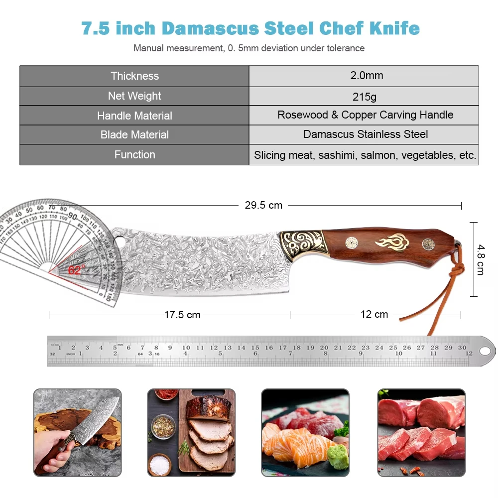 Premium Damascus Steel 7-inch Kiritsuke Knife with Engraved Pattern - Sharp Japanese Kitchen Knife for Slicing, Chopping Meat