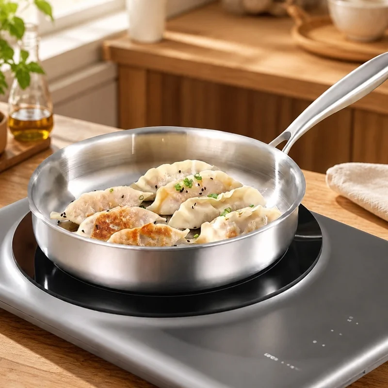 Premium 304 Stainless Steel Fry Pan Compatible with Gas and Induction Stovetops, Perfect for Daily Cooking and Steaks