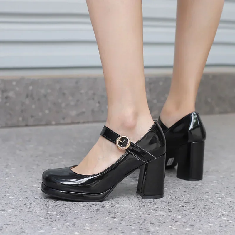 PU Patent Leather Green Navy Blue Closed Toe Mature Ladies Office Pumps Buckle Strap Vintage Women Mary Janes Shoes Block Heels