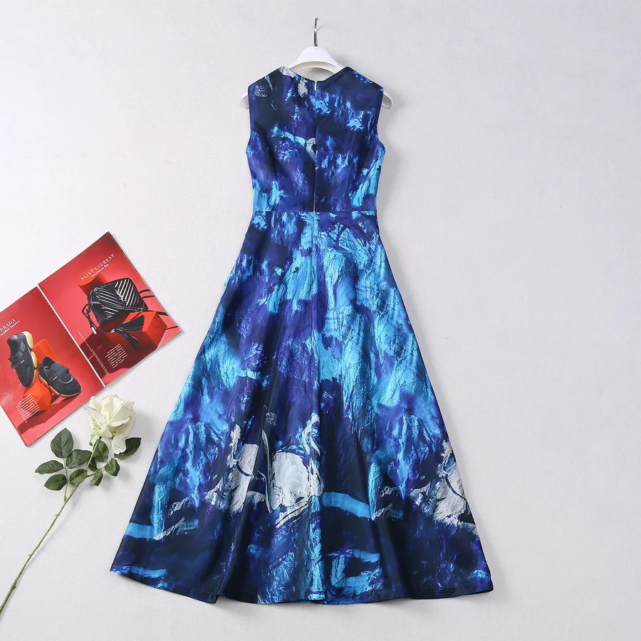 Europe and the United States women's 2024 summer new Round neck Sleeveless blue abstract print fashion Pleated dress XXL