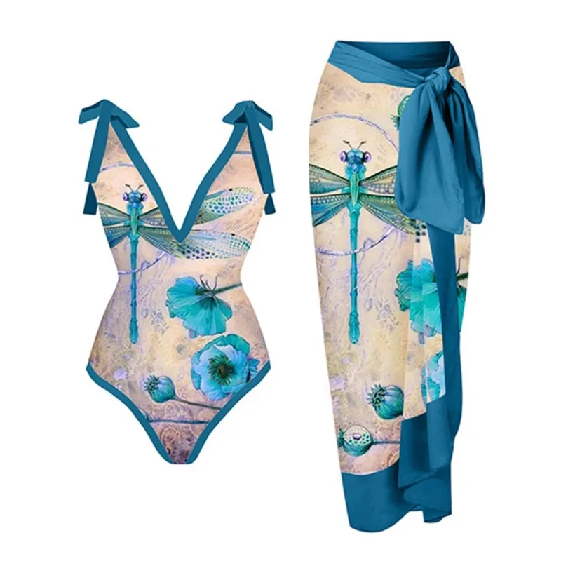 

Vintage Fashion Printed Bikini Set One-piece Swimsuit with Skirt Deep-v Beachwear Sexy Lacing Up Swimwear Swimming Summer