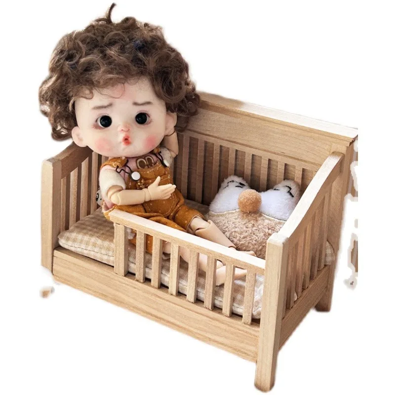 1:12 Scale Handmade Wooden Crib Dollhouse Furniture Doll House  Accessories  OB11Bjd Miniature Doll Bed