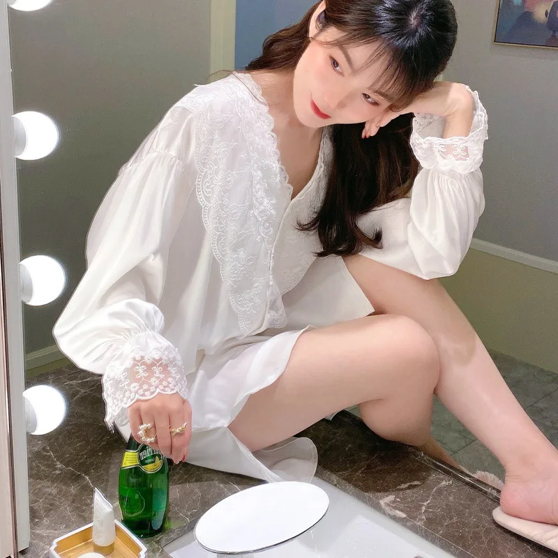 Women Nightgowns Satin Silk Lace V-Neck Shirt Sleepwear Buttons Nightwear Dress Sexy Lingerie Gown Robe Homedress Nightdress