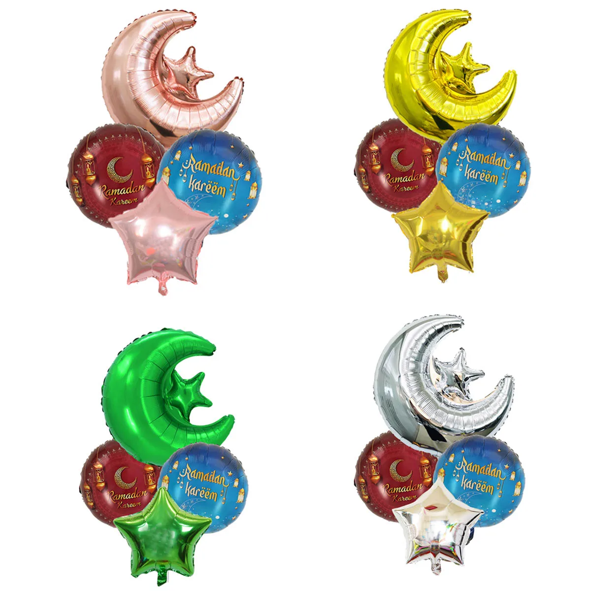 4pcs Ramadan Star Moon Balloons Set Ramadan Kareem Round Helium Balloon Ramadan Decorations Eid al-Fitr Decor Eid Al Adha