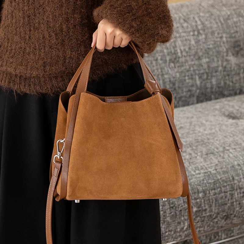 Winter Women's Genuine Suede Cowhide Leather Bucket Shoulder Bag Natural Suede Leather Top Handle Crossbody Tote Handbag