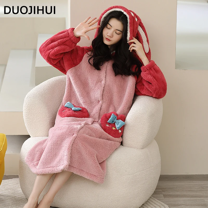 DUOJIHUI Sweet Winter Hooded Button Cardigan Robes for Women Fashion Pocket Basic Simple Loose Casual Flannel Soft Female Robes