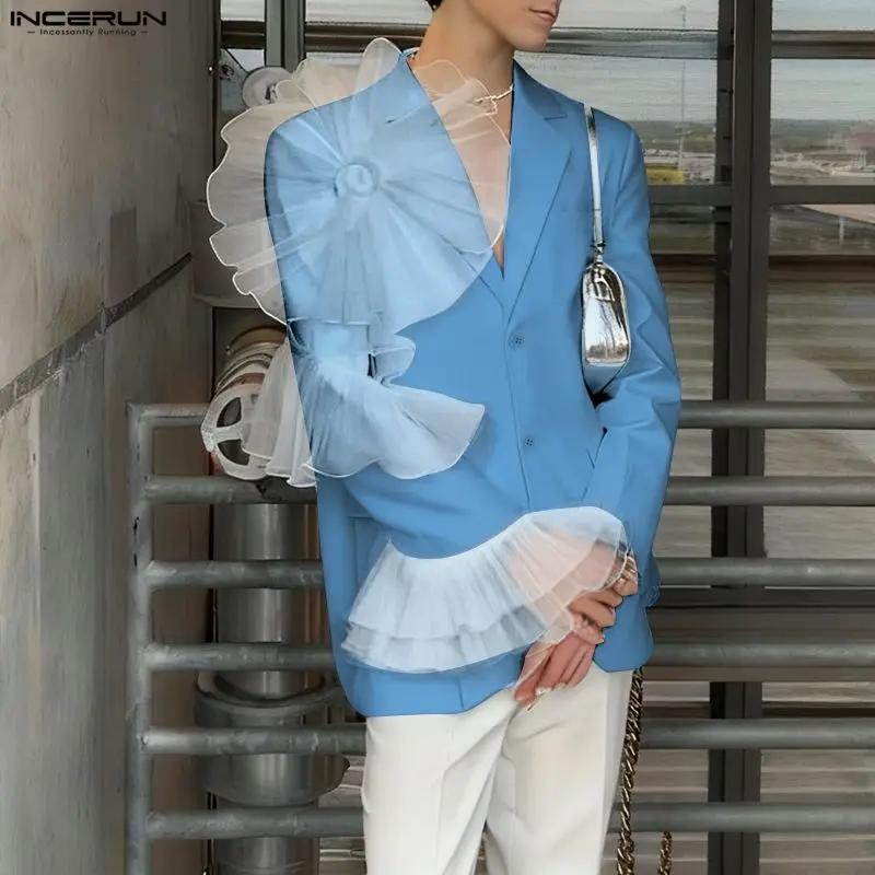 

INCERUN мужской пиджак в сетку в стиле пэчворк с лацканами и длинными рукавами на пуговицах, мужской костюм, уличная одежда, элегантный 2026, модный повседневный тонкий пиджак, блейзер