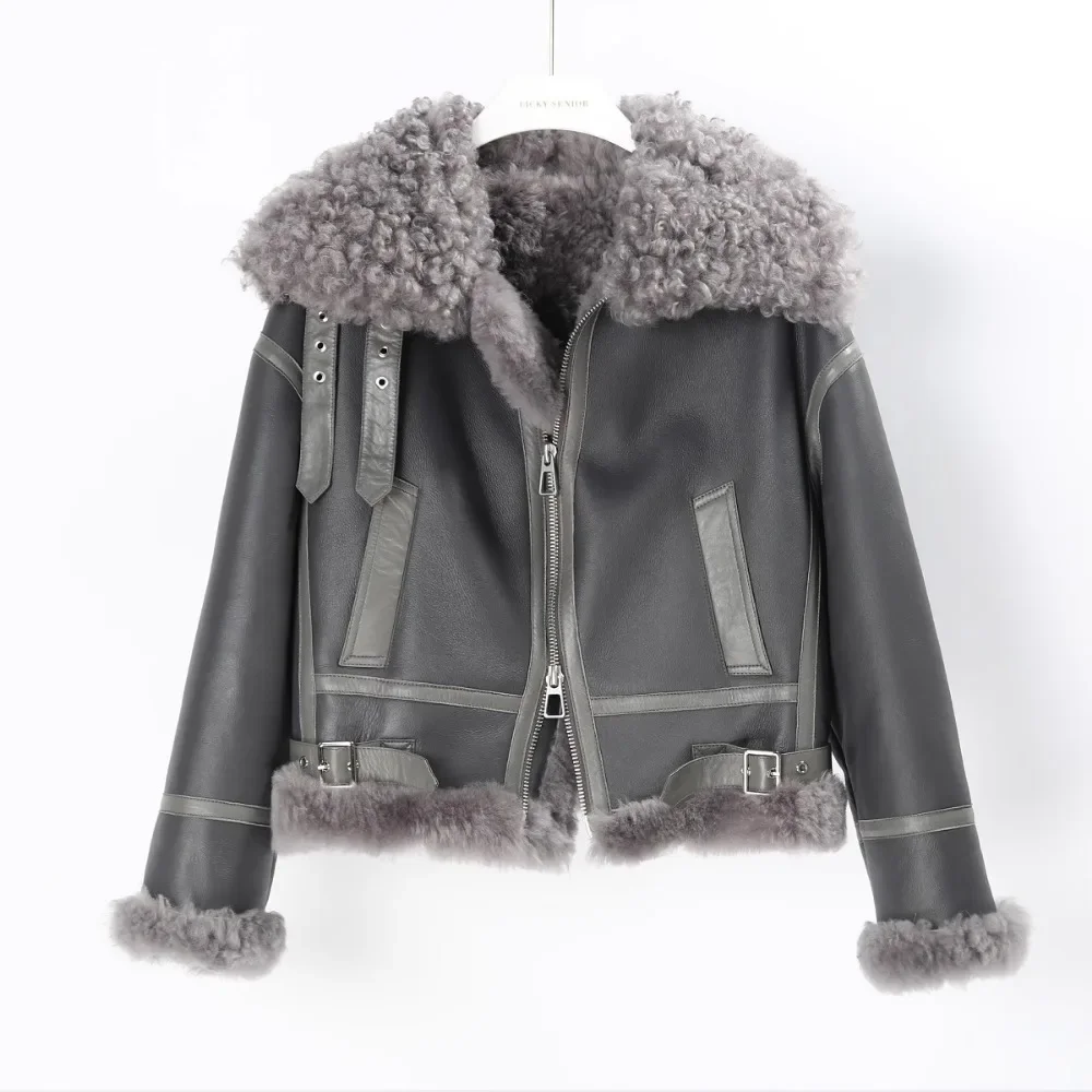 Wholo Leather Bazaar Nature Lamb Real Fur Coat Short Warm Coats Women\'s Motorcycle Leather Jackets 2024 Winter Jacket Women