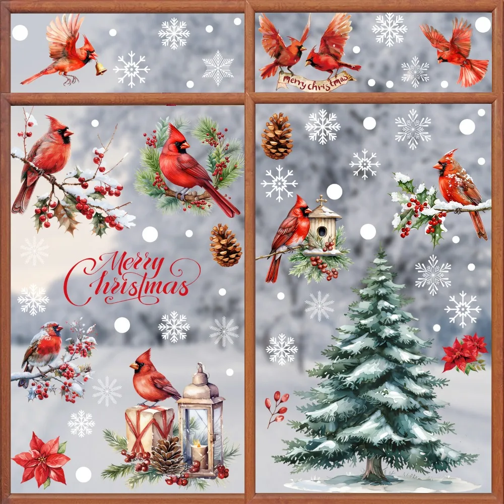 9pcs Christmas Window Decals Cardinal Birds Snowflakes Pine Tree Vinyl Stickers for Glass Door Window Xmas Home Decoration Party