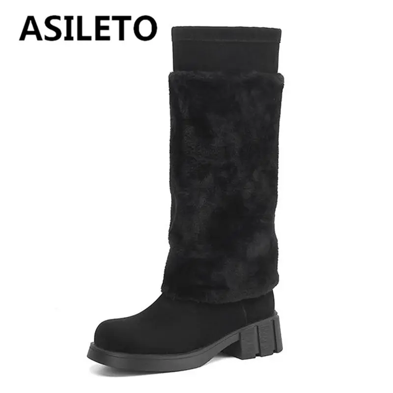 ASILETO Women Winter Snow Boots Plush Round Toe Block Heels 4.5cm Slip On Mixed Color Big Size US12 41 42 43 Warm Knee Bota