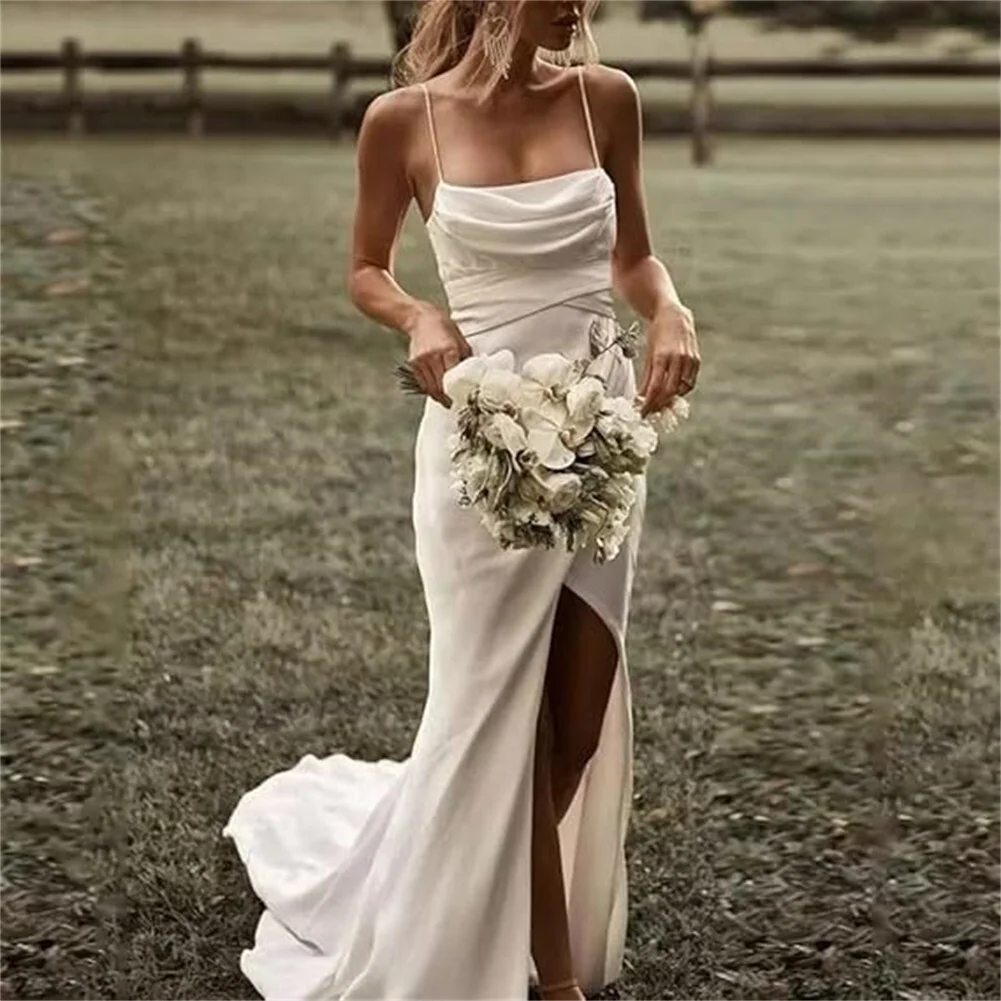 

Customized Women's Spaghetti Straps Mermaid White Wedding Dresses For Bride Beach Boho Wedding Bridal Gown Long Satin Party Gown