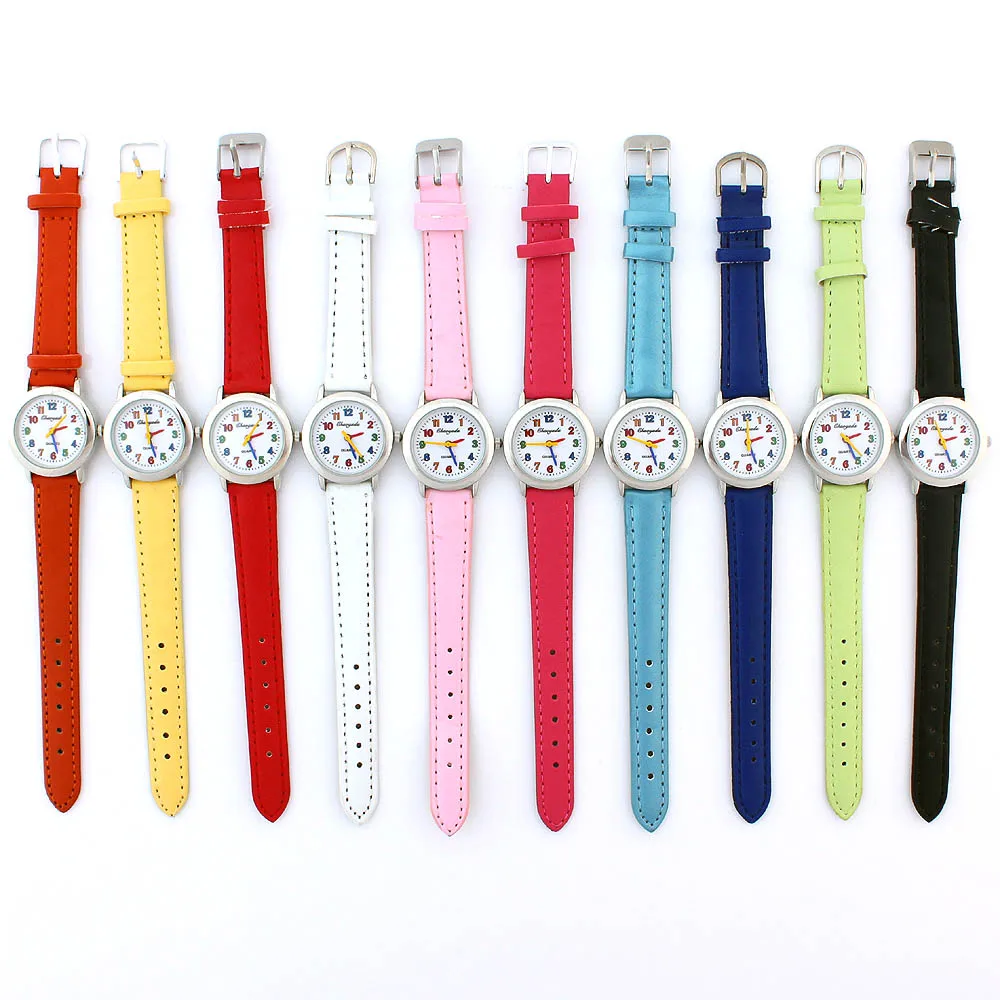 10Pcs Colorful Leather Quartz Wristwatch for Girls Kids Students Watch
