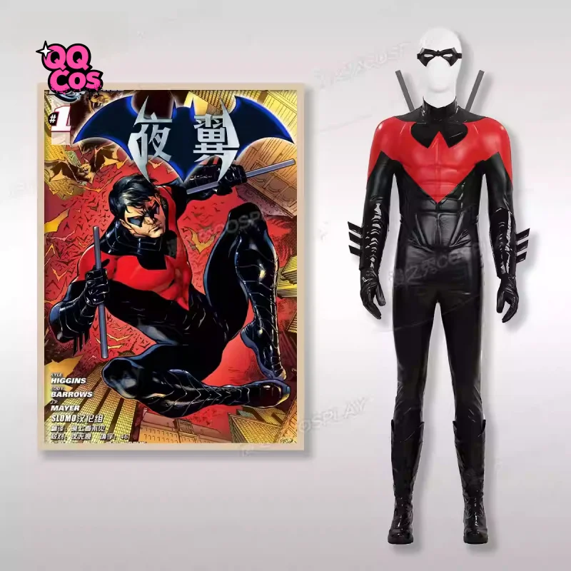

New Arrival Red Dick Grayson Cosplay Costume Anime Wing Jumpsuit Gloves Cuffs Full Set Halloween Battle Suit Outfit Custom Made