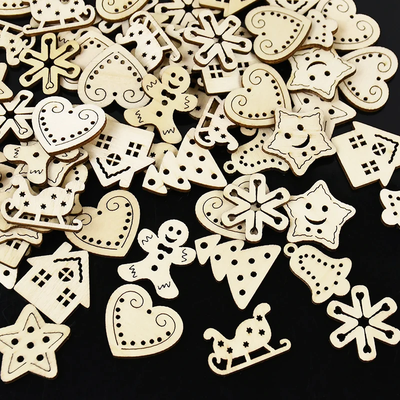 50Pcs Christmas Wooden Chips Natural Snowflake Santa Claus Hanging Pendant Decoration Diy Craft For Xmas New Year Gift Supplies