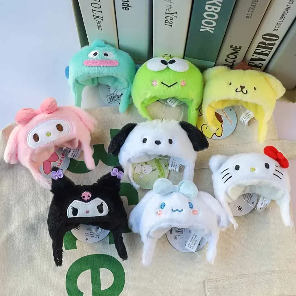 Sanrio dos desenhos animados capa de cabeça de pelúcia pingente kuromi melodia kitty purin cinnamoroll chaveiros de pelúcia mochila ornamentos crianças presente da menina