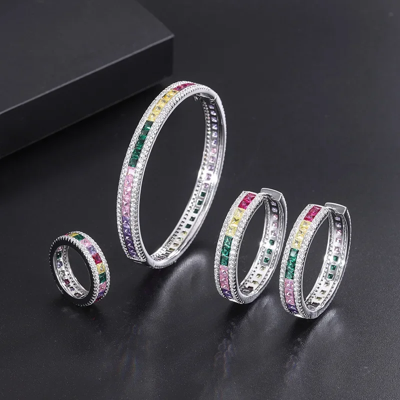 

Adjustable Ring Earrings Bracelet with Multicolor Gemstones Elegant and Versatile Jewelry for Women Perfect for Any Occasion