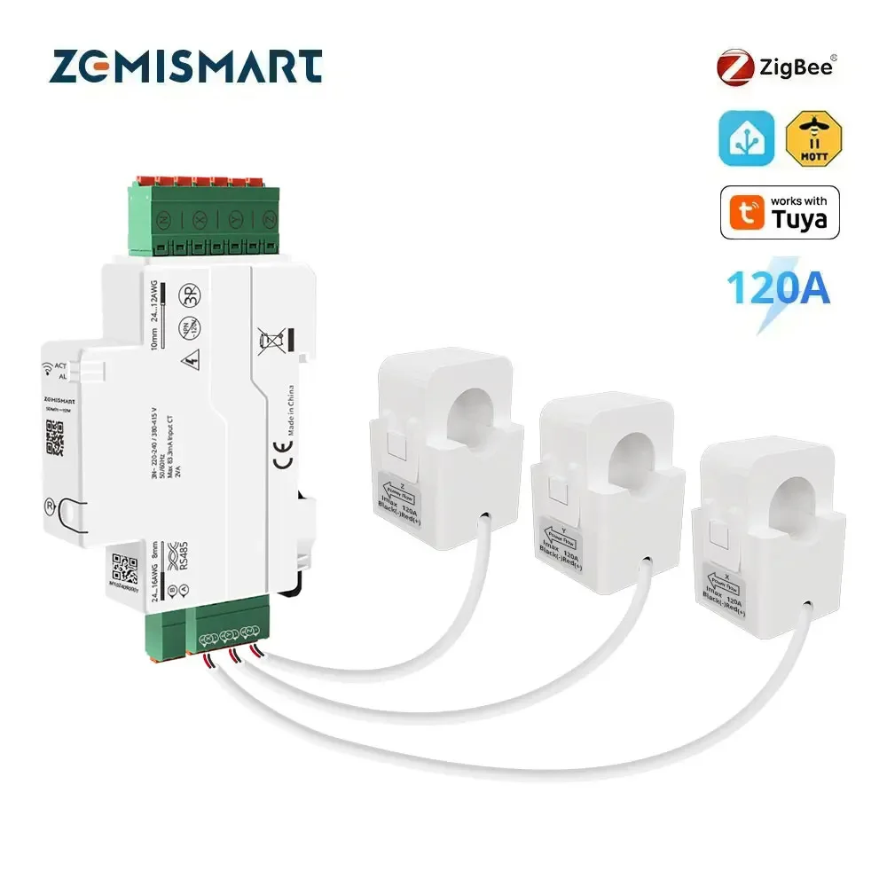 Zemismart 120A Zigbee RS485 Smart Energy Meter 3 Phase Power Monitor Work with Tuya Withdrawable Split-core CTs 120V 240V