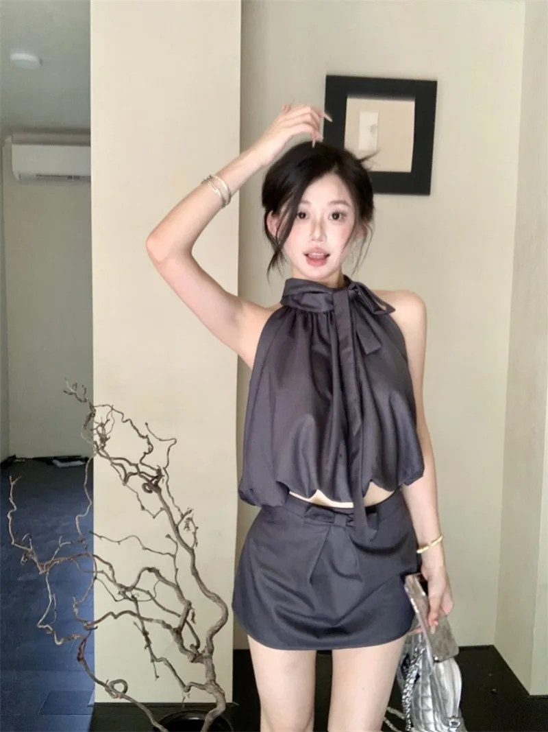 

Sweet Hot Girl Sexy Suit Women's Summer Bow Halter Neck Pleated Vest Top A-line Skirt Two-piece Set Fashion Female Clothes