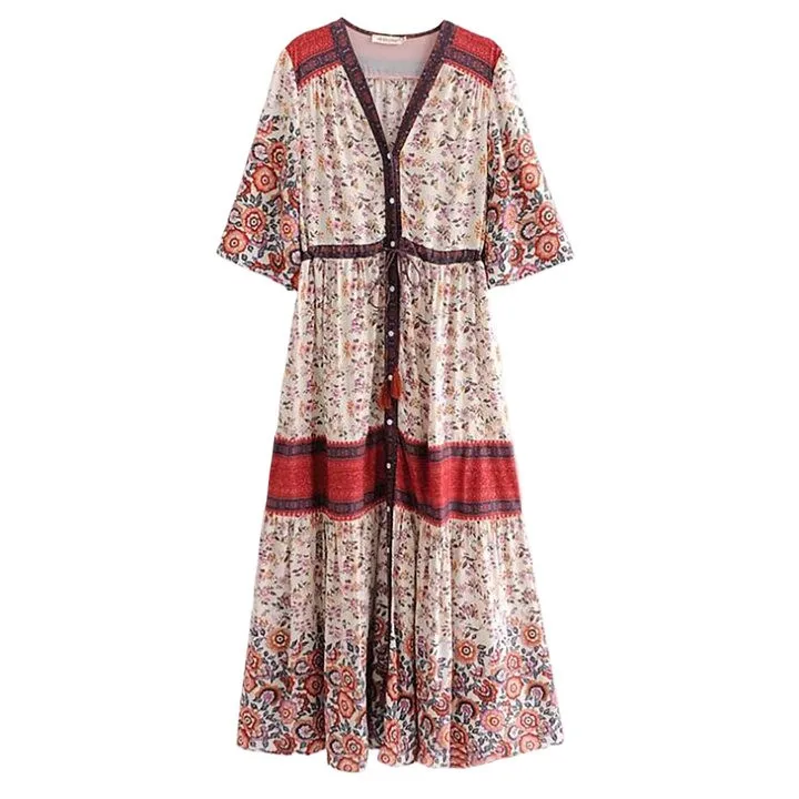 2024 Boho Contrast Color Flower Print Bandage Lacing up Collar Midi Dress Woman Fashion Elegant Long Sleeve Maxi Robe Holiday