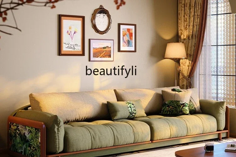 ss8350 French retro fabric sofa living room, small apartment straight row three people medium antique dark green solid wood