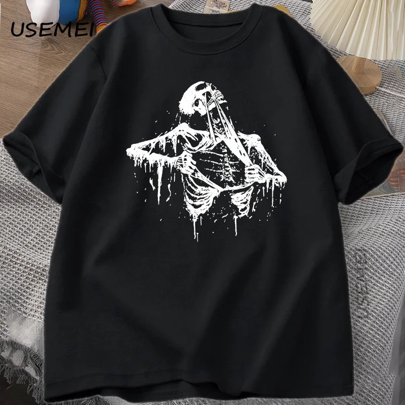 Vintage Skeleton Ripping Rip Cage 90s T Shirt Skeleton Graphic T-shirts Y2k Skull Tee Hip Hop Short Sleeve Oversized Loose Tops