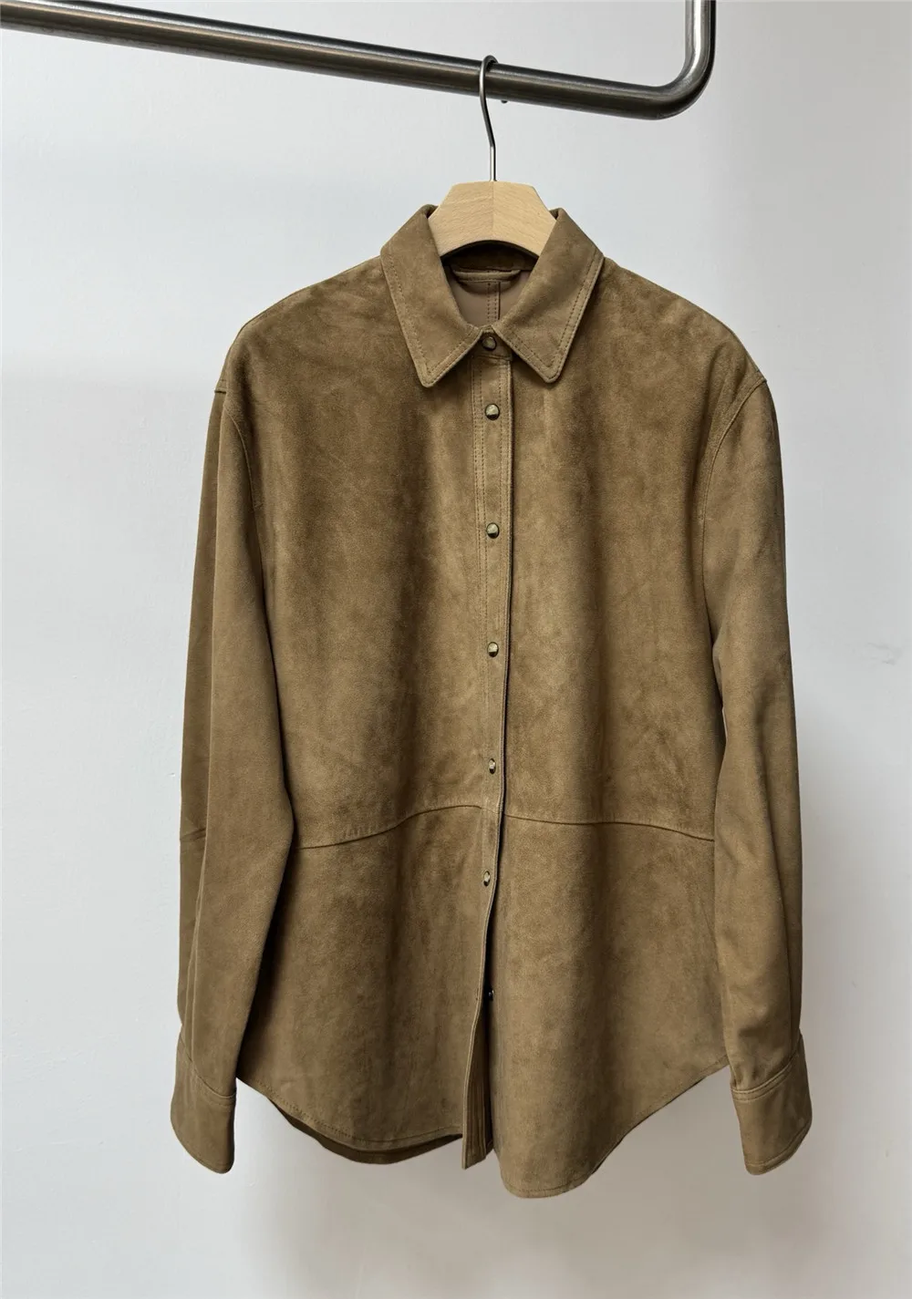 2026 New Collection Suede Sheepskin Leather Shirt Paired With High-Waisted Straight-Leg Pants Female clothing 2-Piece Set