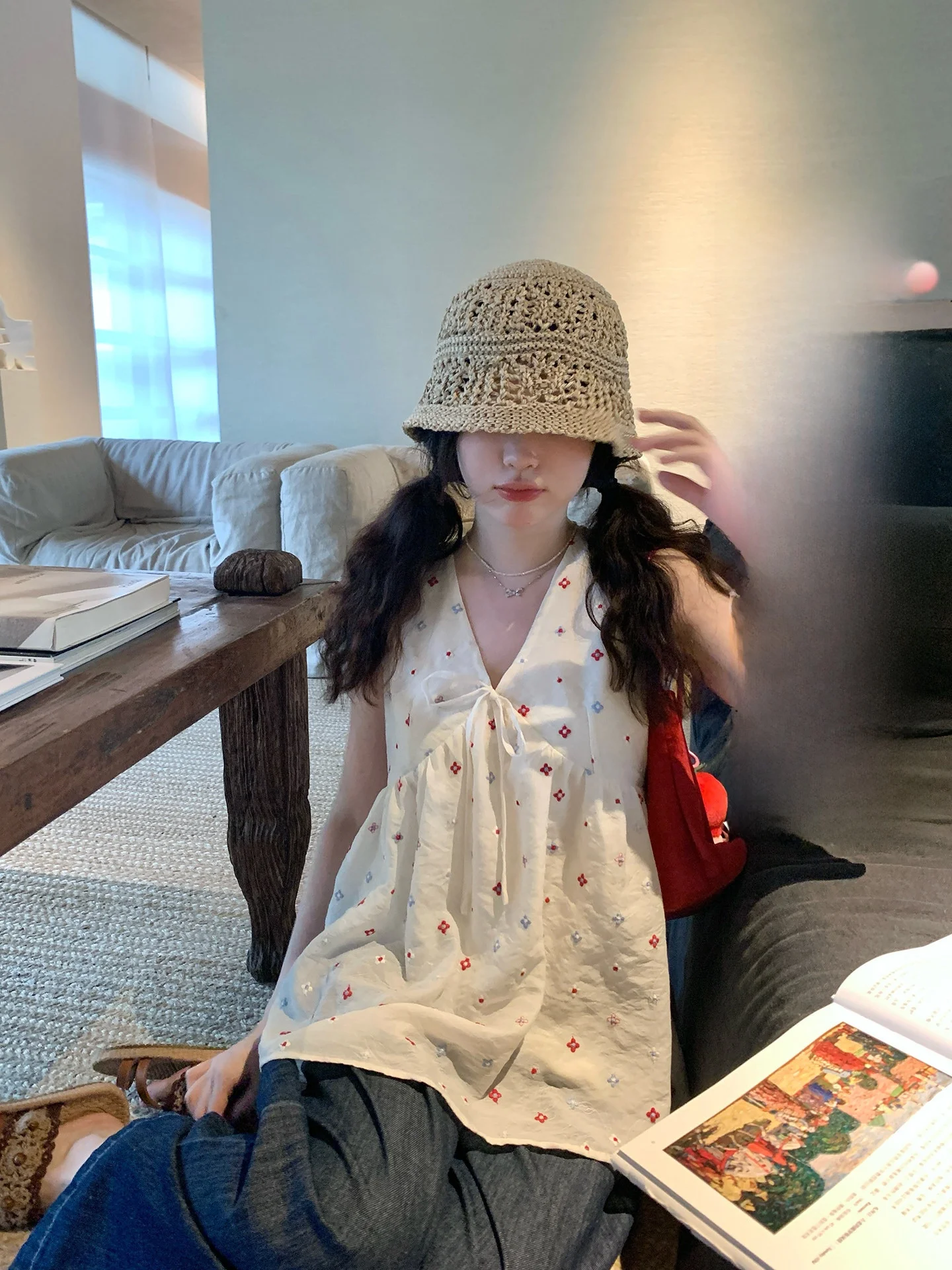 

Летний женский топ PtonUmi с цветочной вышивкой, свободного кроя, с V-образным вырезом, с узлом, дышащий, комфортный, повседневный