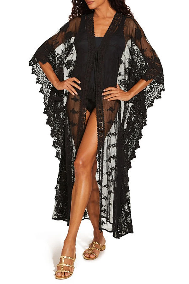 Kimono brodé en dentelle noire pour femmes, cardigan long transparent, tunique sexy, vêtements de plage, couverture de maillot de bain, F4839