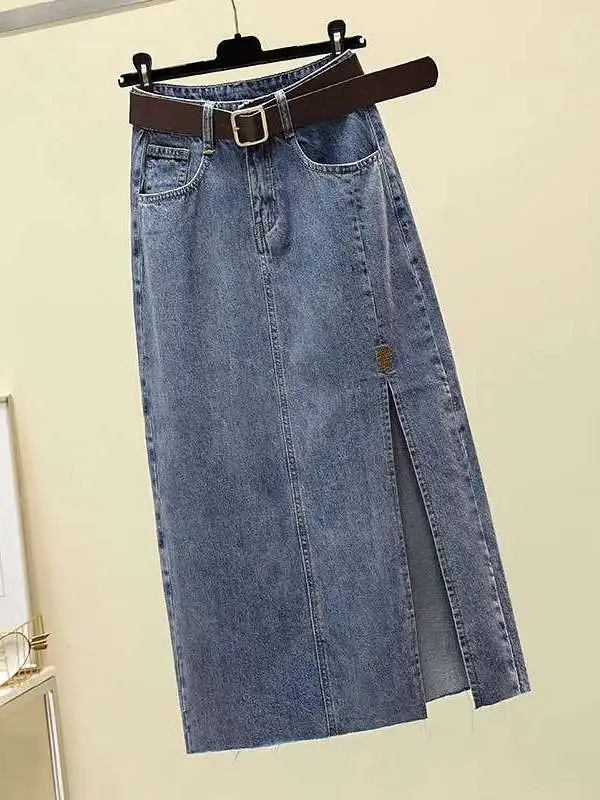 

Джинсовая юбка миди с высокой талией, А-силуэт, с разрезом, летняя, с вышивкой, для повседневной носки, из полиэфирного волокна, Ciwalk Batwing pe