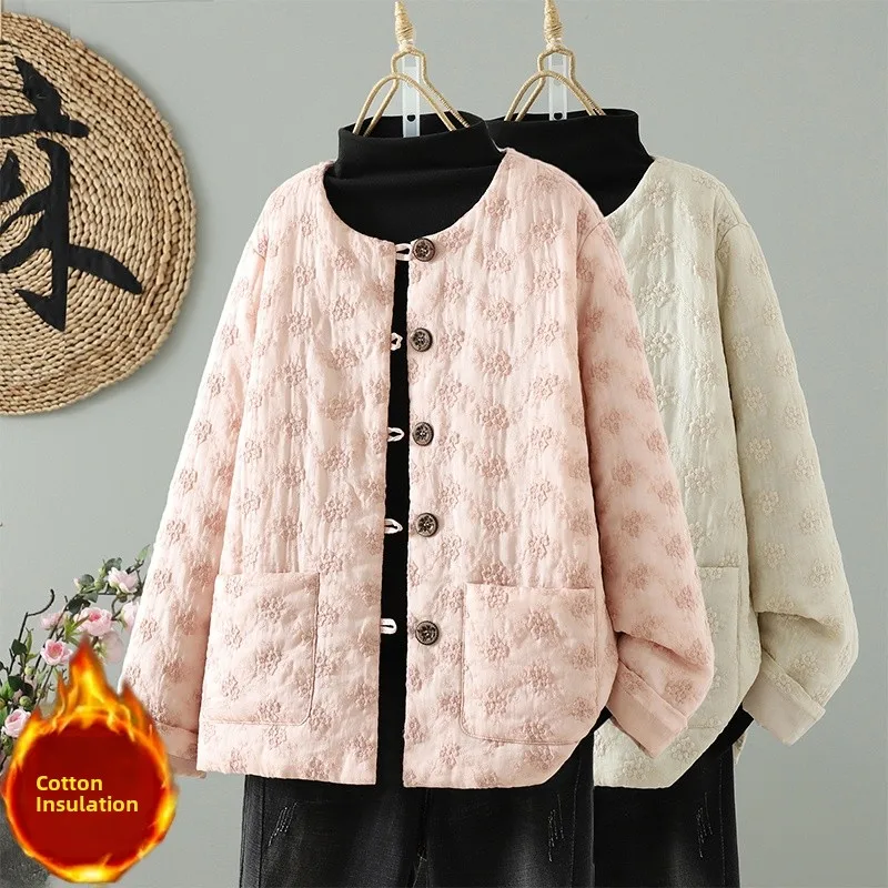 

High-End Anti-Aging Embroidered plus Size Artistic Versatile Women's Cotton Jacket Thickened Warmth Cotton Coat Outerwear