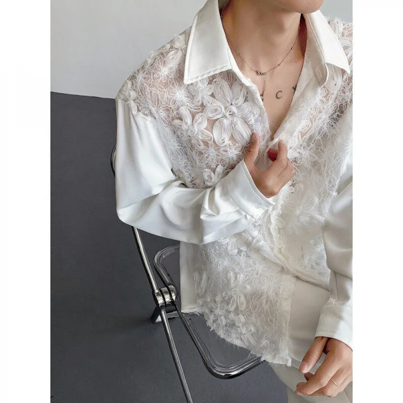 QICHE 2026 Men Long Sleeve Hollow Shirt Air Garden Aesthetic 3D Flower Pearl Splicing Niche Design Top