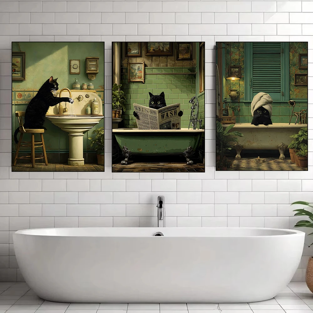 Verspieltes Poster mit Schwarzer Katze, die Zeitung liest, Lustiges Toiletten-Katzen-Tiermotiv, Leinwanddruck, Wandkunst, Heimdekoration