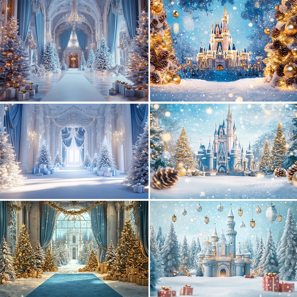 Winter Frozen Castle Photography Background for Girl Princess Birthday Xmas Tree Blue Backdrop Kid Indoor Photo Studio