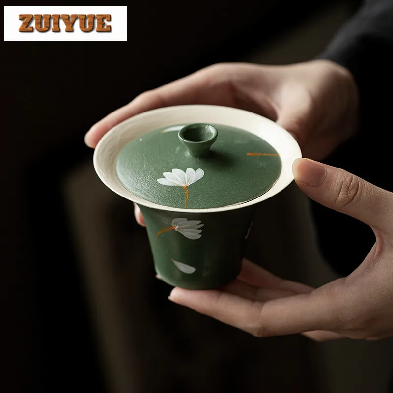 

125ML Hand Drawn Galsang Flower Gaiwan Boutique Powder Yin Ink Green Tea Tureen Tea Brewing Cover Bowl For Teaware Ornaments