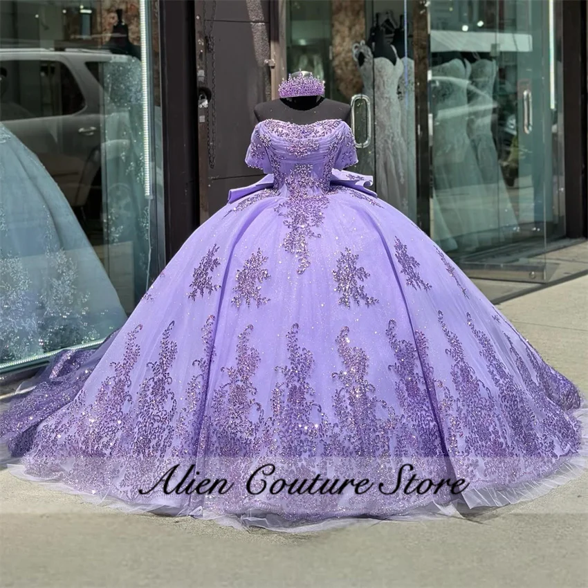 Robe Quinceanera violette brillante avec appliques de paillettes de perles, robe de Rh, fête d'anniversaire, Sweet 16, 2024