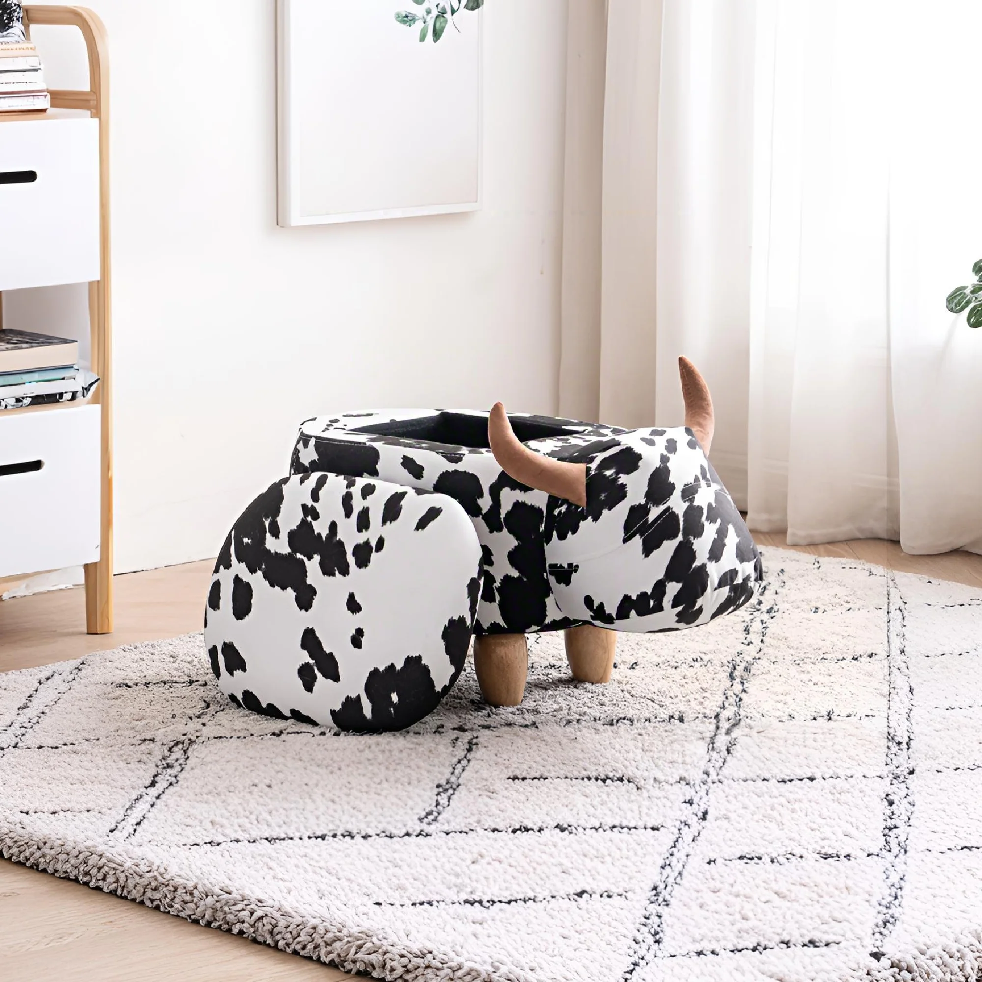 [US Stock] Connor the Cow Storage Ottoman, Cute Cow Shaped Footrest Stool, Foldable Storage Bench for Kids Room, Living Room, Be