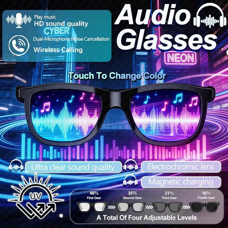 

E05C Ultra-Clear Sound Quality Audio Glasses Noise Reduction Effect Color-Changing Lenses Magnetic Charging Call Audio Glasses