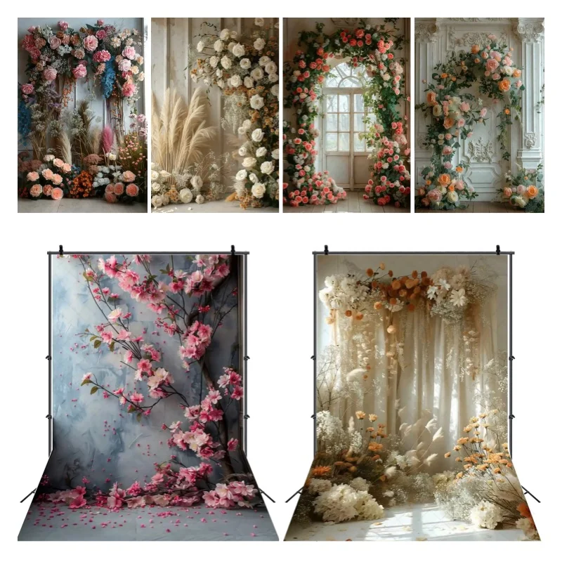 Hochzeits-Fotobox-Bogen-Hintergrund, Drapierter Stoffvorhang, Boho Rosa-Weißer Blumen-Hintergrund für Geburtstags-Fotocall