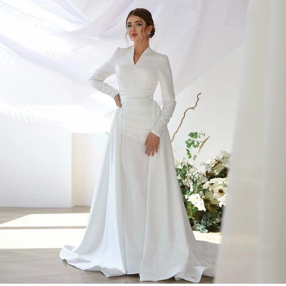 

Elegant Muslim Evening Dress Long Sleeve Floor Length Bride Dresse Detachable Train Custom Saudi Arabic Wedding Prom Party Gowns