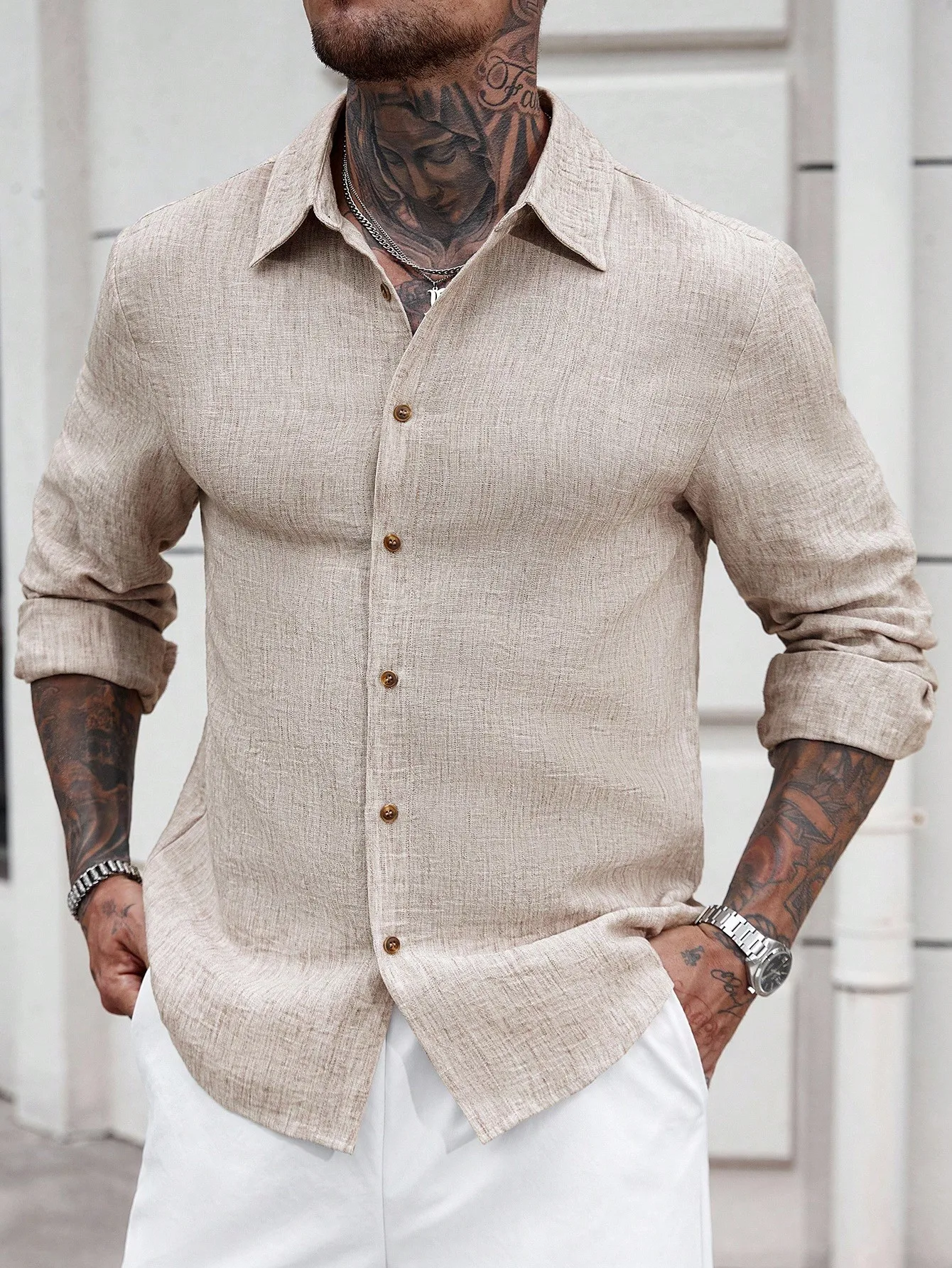 

Men's Beige Solid Linen Long Sleeve Casual Shirt, Textured Lightweight Fit for Fall
