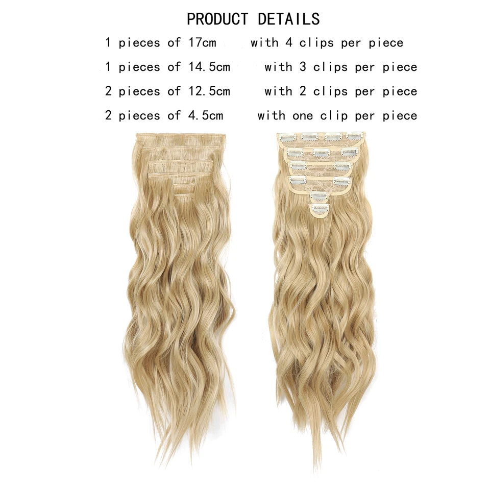 Jeedou 185g Extensiones de cabello gruesas y suaves con clips, 6 piezas, onduladas largas de 24 pulgadas, cabello sintético para mujer, uso diario y fiestas 4