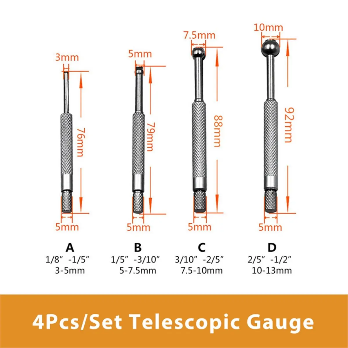 4pcs Telescoping Small Hole Gauge Set Full Round Spherical Shaped Hardened Bore Gauge Round
